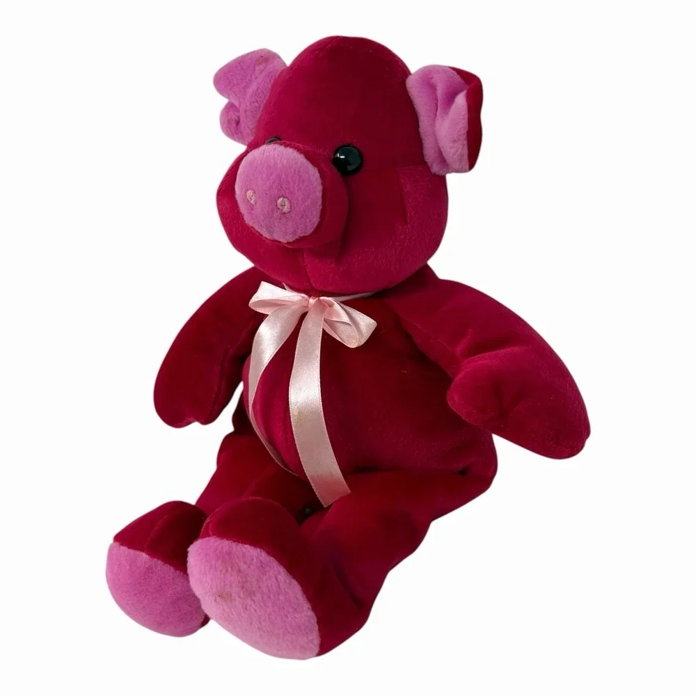 Kellytoy Magenta Pink Pig Plush Stuffed Animal Bean Bag Toy with‎ Ribbon 9 inch